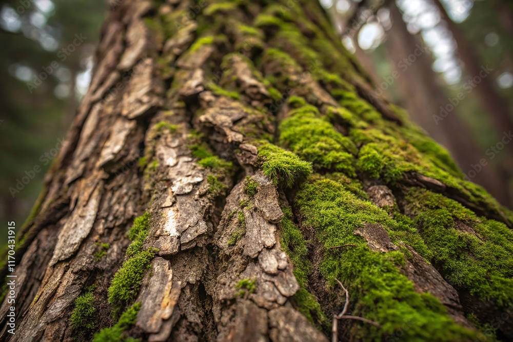 Close-up of rough tree bark with patches of green moss, representing nature, texture, and the outdoors. AI generated Close-up of rough tree bark with patches of green moss, representing nature, texture, and the outdoors. AI generated