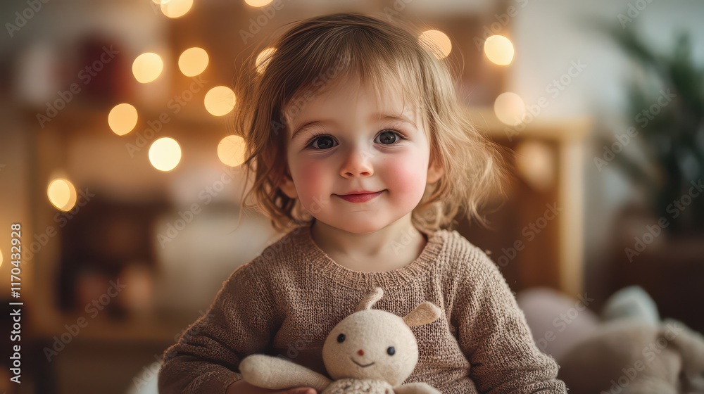 Happy Child with Toy Surrounded by Warm Lights Happy Child with Toy Surrounded by Warm Lights