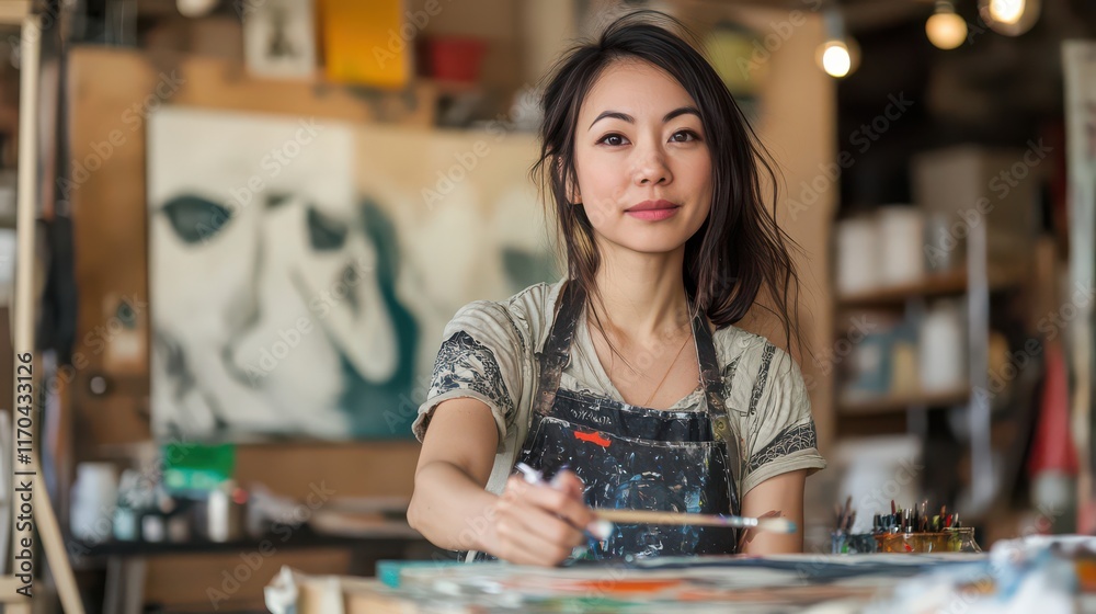 Fototapeta premium Creative Artist in Studio Focusing on Painting