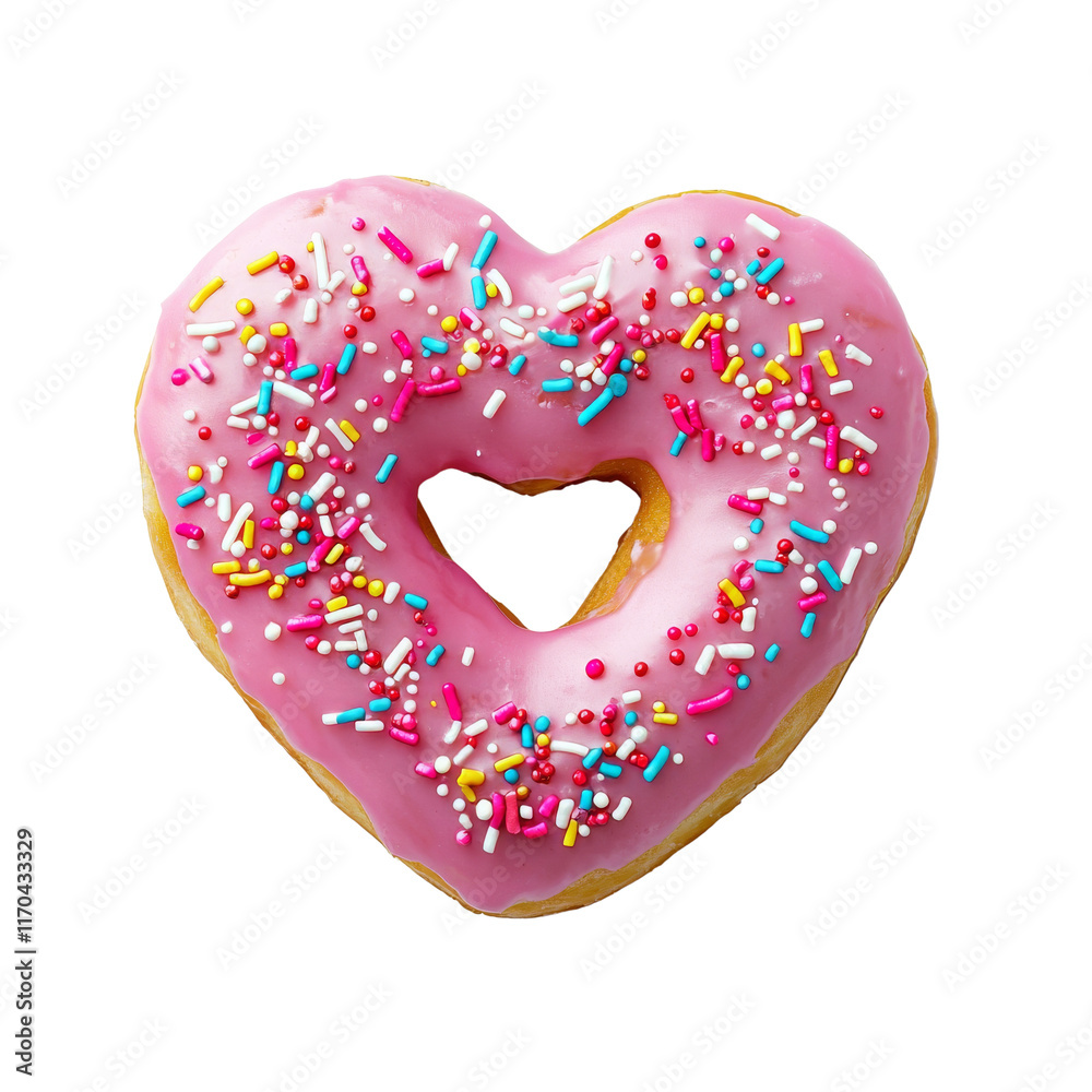 Delicious heart shaped donut with pink icing and colorful sprinkles, perfect for celebrations and sweet treats Delicious heart shaped donut with pink icing and colorful sprinkles, perfect for celebrations and sweet treats