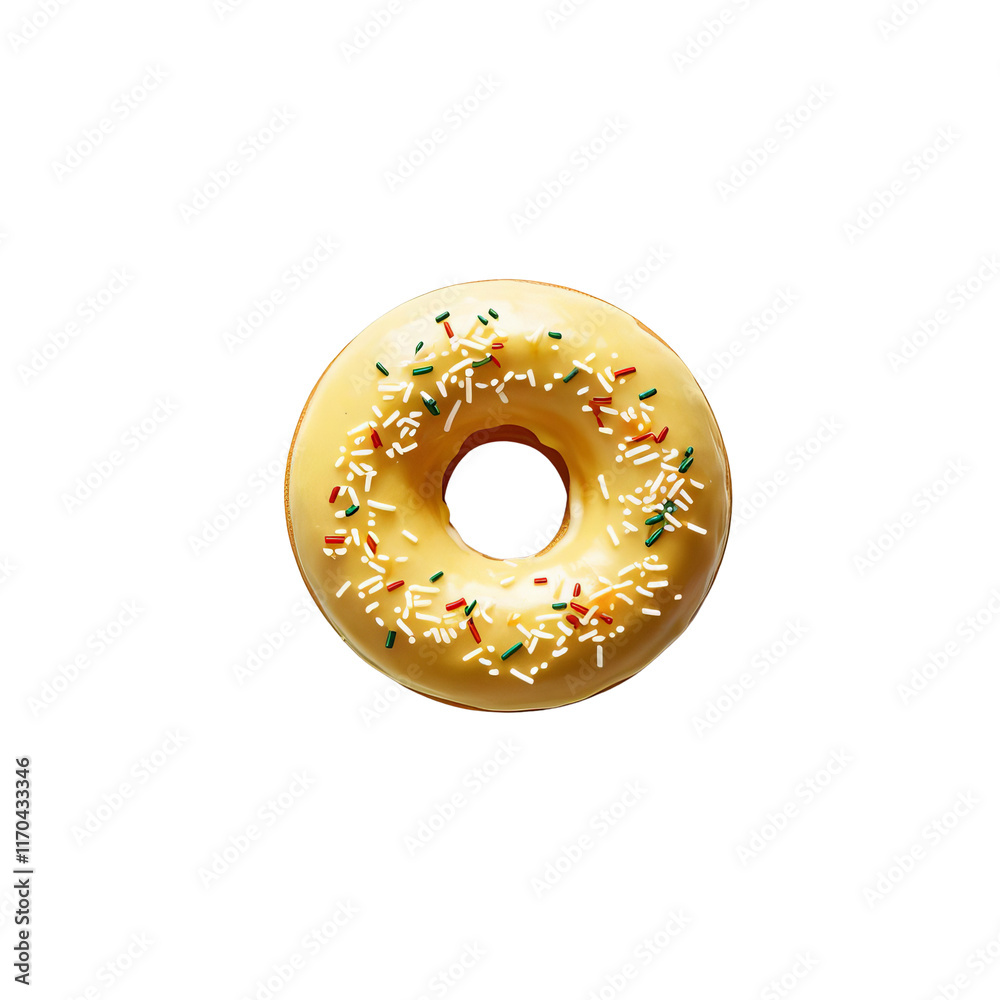 Obraz premium Delicious yellow donut topped with colorful sprinkles, perfect for sweet treat. This dessert is ideal for celebrations or casual snacking, bringing joy to any occasion