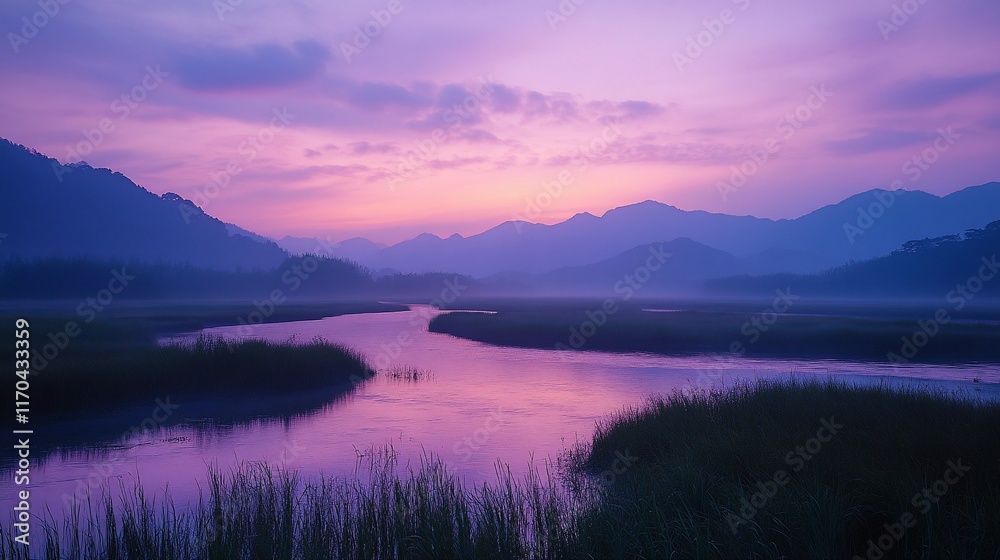 Fototapeta premium Purple Sunrise Over Misty River Valley