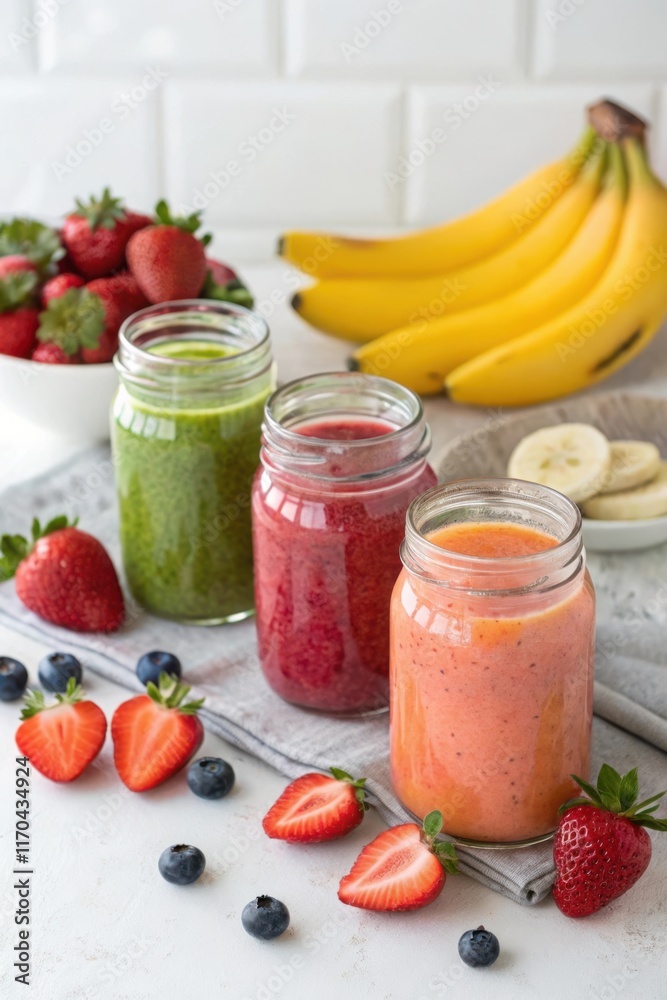 Colorful smoothies in glass jars surrounded by fresh fruits in a bright kitchen setting Colorful smoothies in glass jars surrounded by fresh fruits in a bright kitchen setting