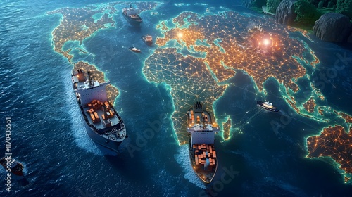 A virtual quantum model displaying glowing ship routes and port activities across a holographic world map showcasing the interconnected global maritime transport networks