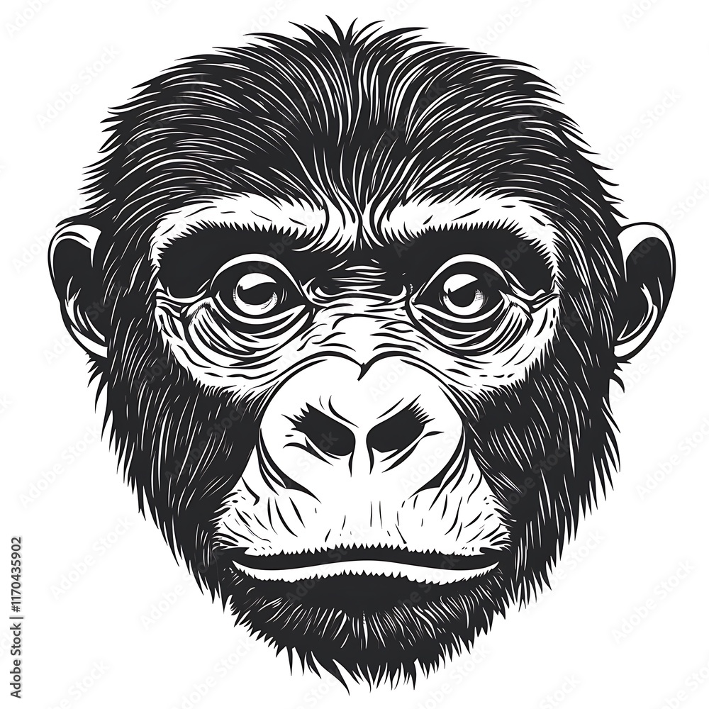 A detailed illustration of a chimpanzee's face in black and white. A detailed illustration of a chimpanzee's face in black and white.