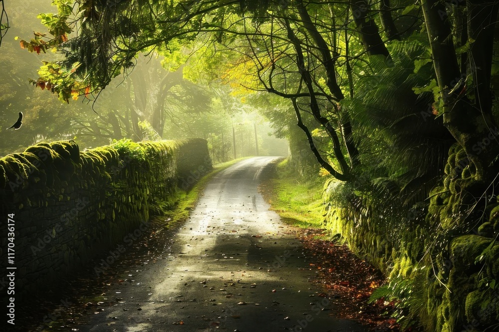 Fototapeta premium A serene, winding road surrounded by lush greenery and misty atmosphere.