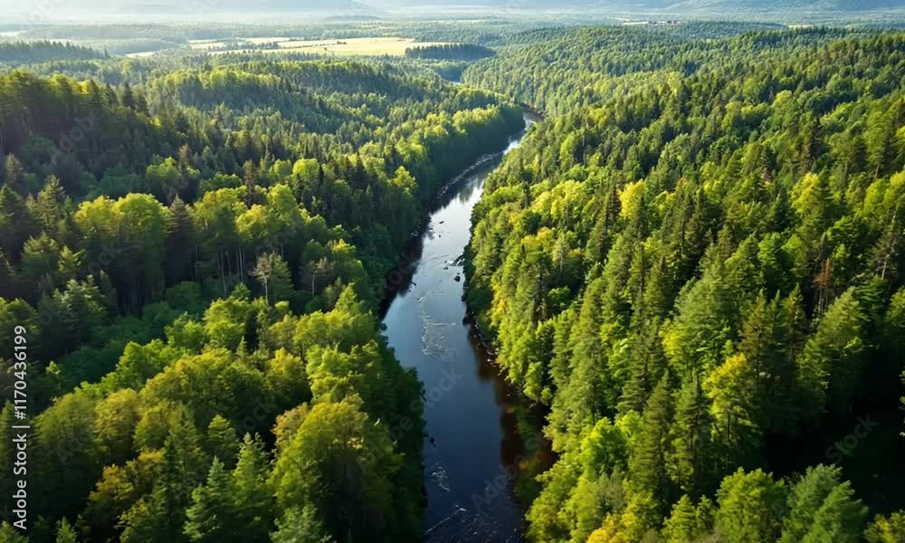 Aerial view of A river flowing through a forest. Videos Gratis Backgorunds