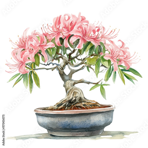 A watercolor vector painting of a Spider Lily Bonsai tree, isolated on a white background. Spider Lily Bonsai tree vector.

