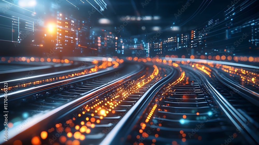 Fototapeta premium Futuristic quantum computing system managing and synchronizing high speed rail network movements showcasing glowing tracks and dynamic train with copy space at the bottom left