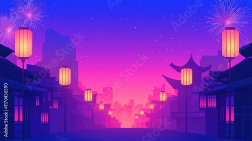Chinese new year background. Vibrant cityscape at dusk with lanterns and fireworks illuminating the night sky.
