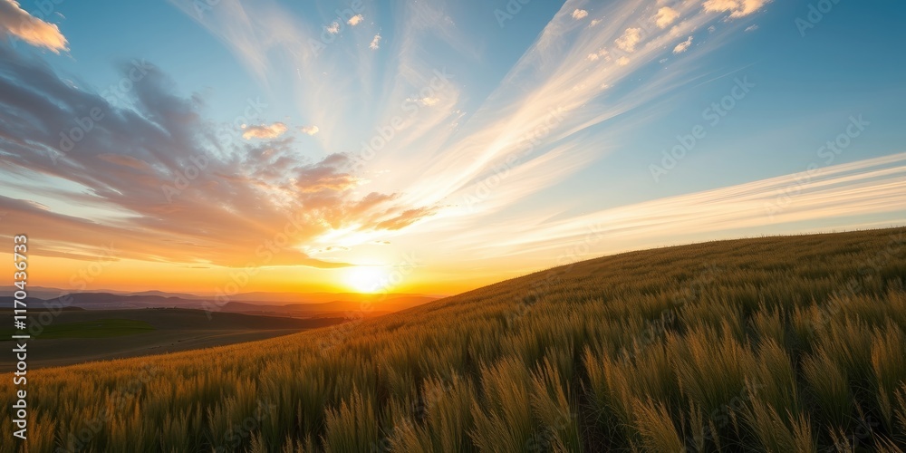 Obraz premium Golden Hour Serenity Sunbeams Illuminate Rolling Field of Tall Grass at Sunset