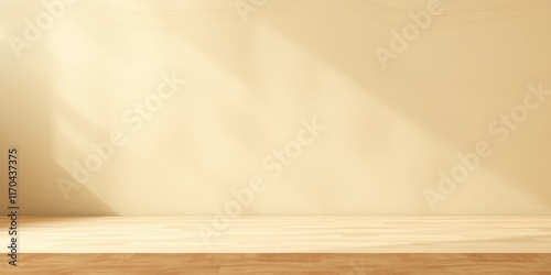 Cream-colored wall with subtle light and shadow patterns, showcasing a light wood surface ideal for product placement or design presentation.