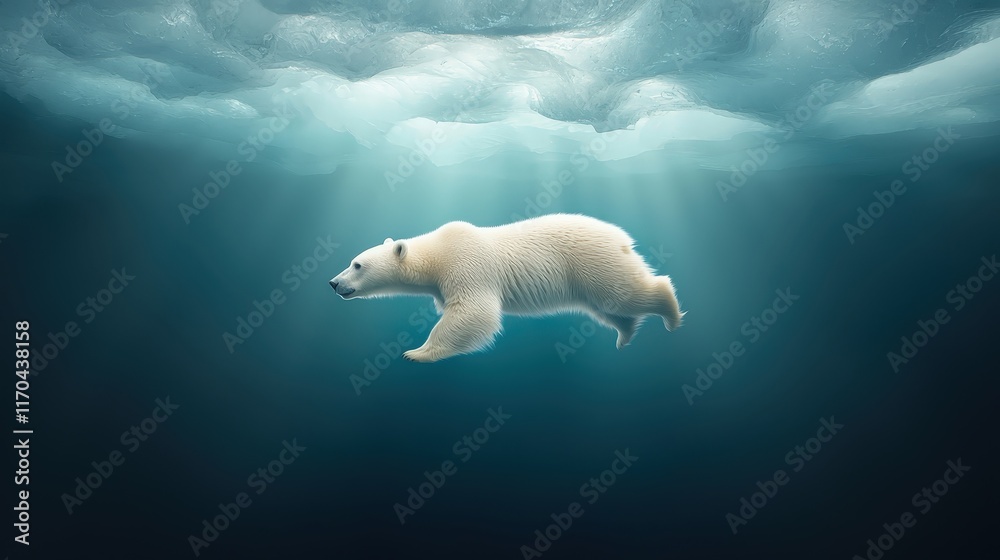 Naklejka premium Polar Bear Swimming Underwater in Arctic Environment