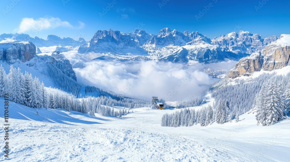 Scenic snowy mountain landscape with clear blue skies. Scenic snowy mountain landscape with clear blue skies.
