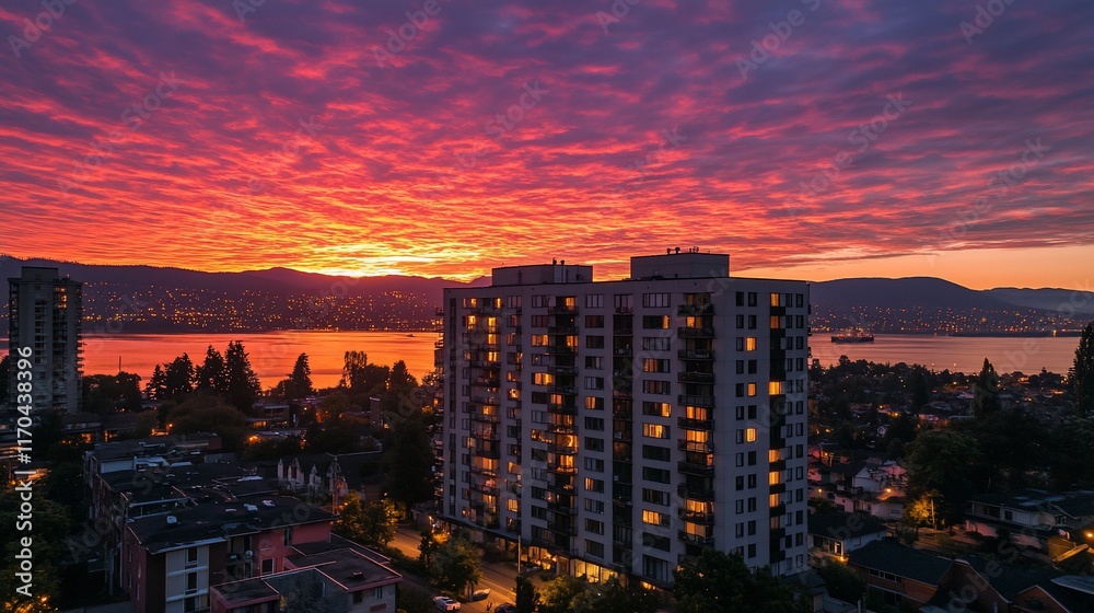 Obraz premium Cityscape sunrise, vibrant sky, waterfront, apartments