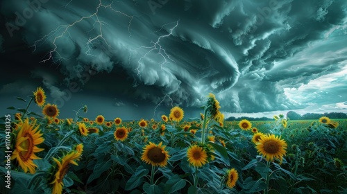 A dramatic view of a thunderstorm approaching over a field of sunflowers, with dark clouds and flashes of lightning photo