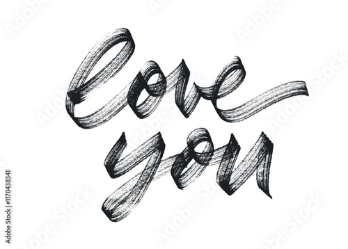 Bold brush drawn word Love you with heart. Hand drawn romantic phrase for Valentine's day. Bold brush drawn lettering. Vector typography element for cards, posters, collages. Romantic phrase.