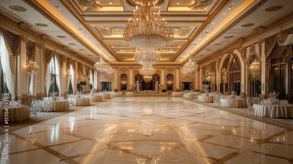 Obraz premium Grand ballroom, opulent decor, dance floor, event preparation, luxury venue