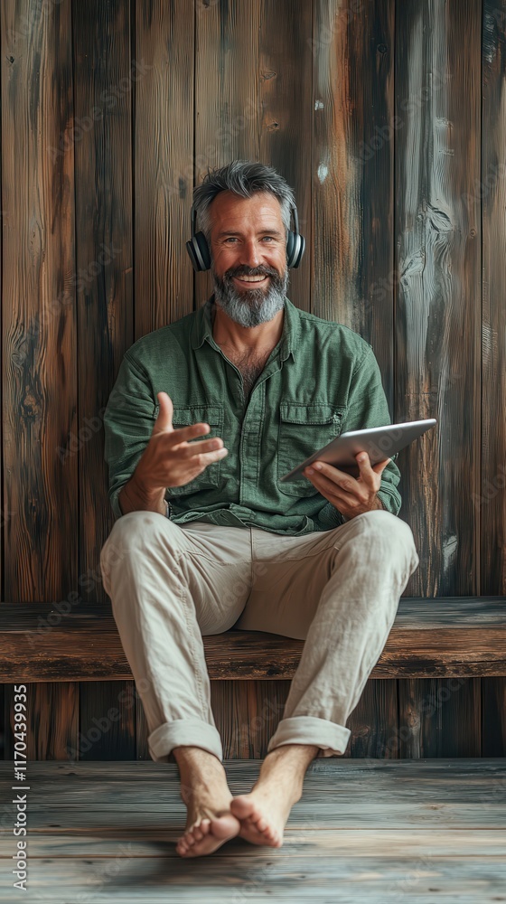 Cheerful man enjoying music on headphones while sitting casually in a natural wood setting Cheerful man enjoying music on headphones while sitting casually in a natural wood setting