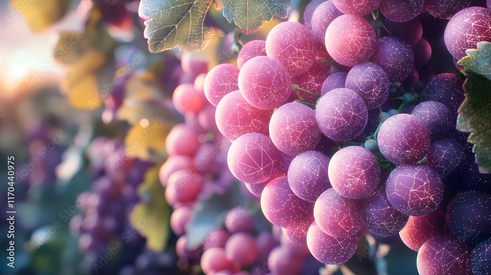 A futuristic smart vineyard managed by quantum computing displaying glowing grape growth patterns and real time climate data overlays leaving copy space at the bottom left for text or branding A futuristic smart vineyard managed by quantum computing displaying glowing grape growth patterns and real time climate data overlays leaving copy space at the bottom left for text or branding
