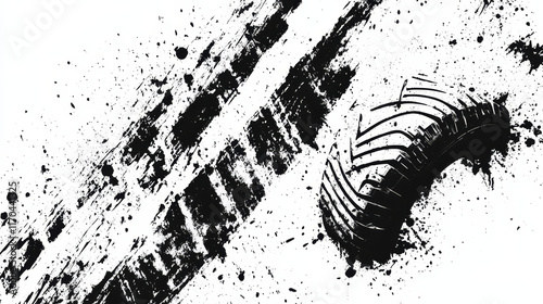 Offroad tyre print and grunge spot, vector white dirty tire trace for automobile service or off road race competition design. Rally, motocross dirty tire pattern, grungy vehicle trail isolated texture