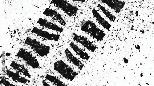 Offroad tyre print and grunge spot, vector white dirty tire trace for automobile service or off road race competition design. Rally, motocross dirty tire pattern, grungy vehicle trail isolated texture photo