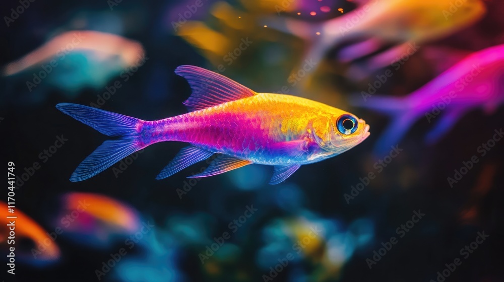 Neon-colored fish glowing under UV light, with a dark black and purple background.