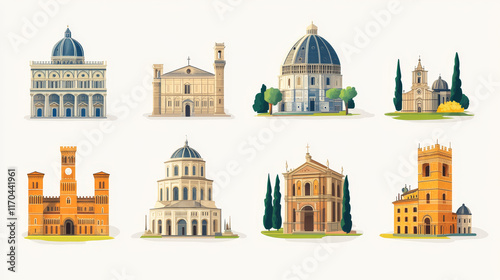 Italian historic landmarks and famous sightseeing buildings. Vector isolate icons and facades of Santa Maria Novello church, Castel Nuovo and Sforza castle, San Lorenzo basilica and Napoli Cathedral