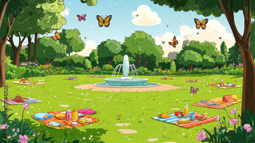 Lush park with fountain, picnic blankets, butterflies.