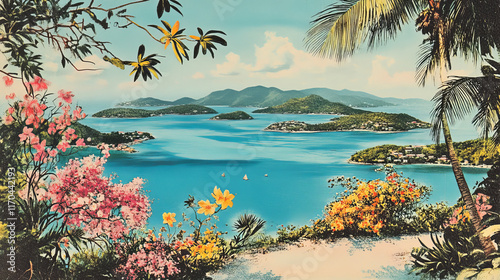 British Virgin Islands, overseas territories of Britain. Vector travel plate, vintage tin sign, retro postcard design. Old souvenir plaque or sticker with BVI landscape and blooming flowers