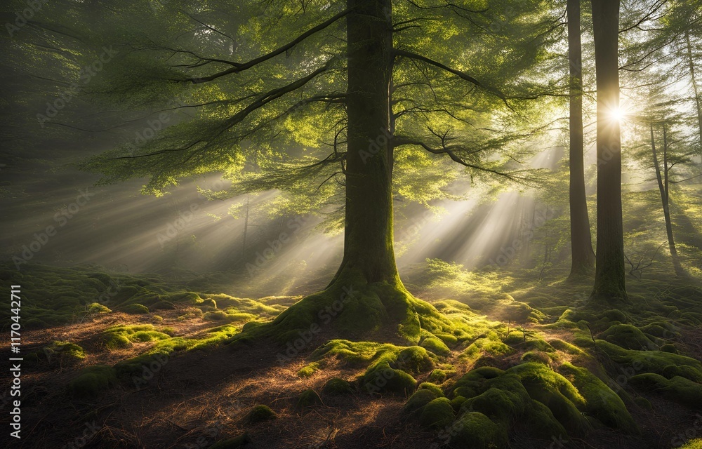 Fototapeta premium A Single Young Tree in a Forest Clearing with Sunlight Filtering Through the Trees