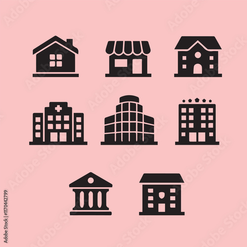 Set of Simple Black Building Icons