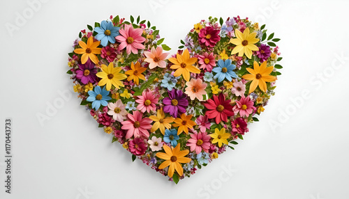 Heart-shaped composition from various flowers on a white background. AI generative heart made of colorful flowers