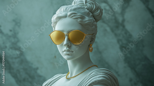 Young woman, marble statue, sportswoman, with golden necklace on her neck, with golden earnings, with golden triangular sunglasses with golden lenses, hair tied in a bun, on a stand, ultra realistic photo