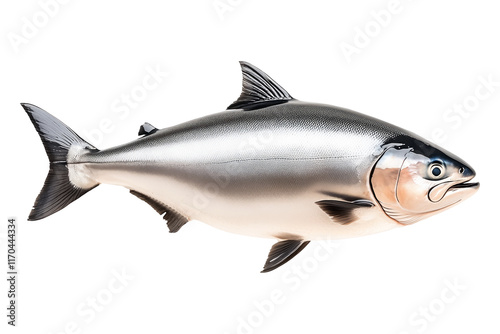 Raw salmon fish with detailed fins and scales, isolated on white transparent background, concept of marine life.