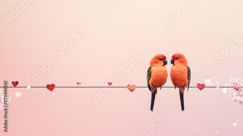 birds perched on a line surrounded by delicate heart motifs on a pale pink background photo