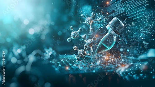 Quantum computing system optimizing adjuvant formulas for vaccines featuring glowing holographic chemical reactions and molecular structures leaving copy space on the left