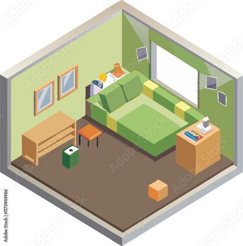 Cube green isometric room vector and illustration