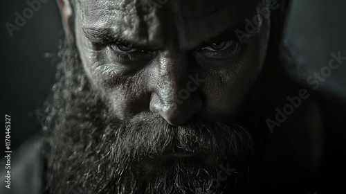 Close-up portrait of a serious, angry man with a long beard.
