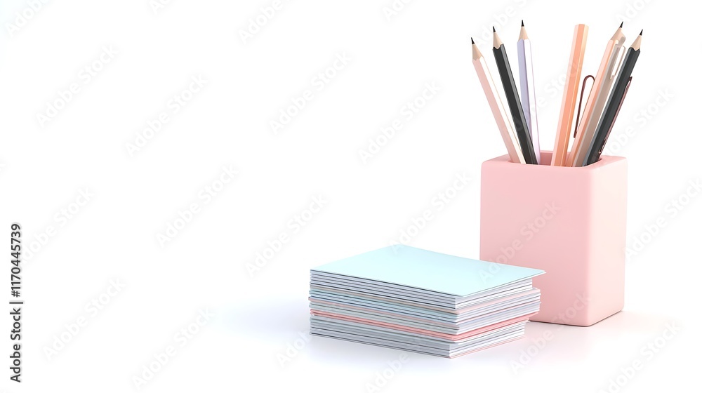 A pink pencil holder with a stack of blue and pink notebooks A pink pencil holder with a stack of blue and pink notebooks