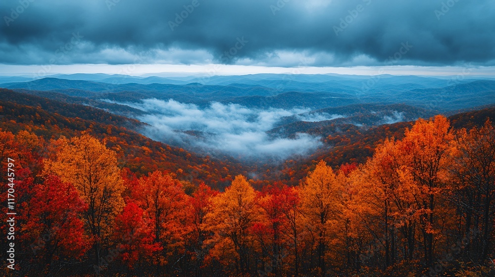 Autumnal Mountain Range Foggy Valley Landscape Autumnal Mountain Range Foggy Valley Landscape