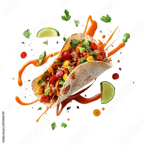 Sauce swirling in a circular splash around a taco, isolated on a white background, bold and flavorful. cutout png