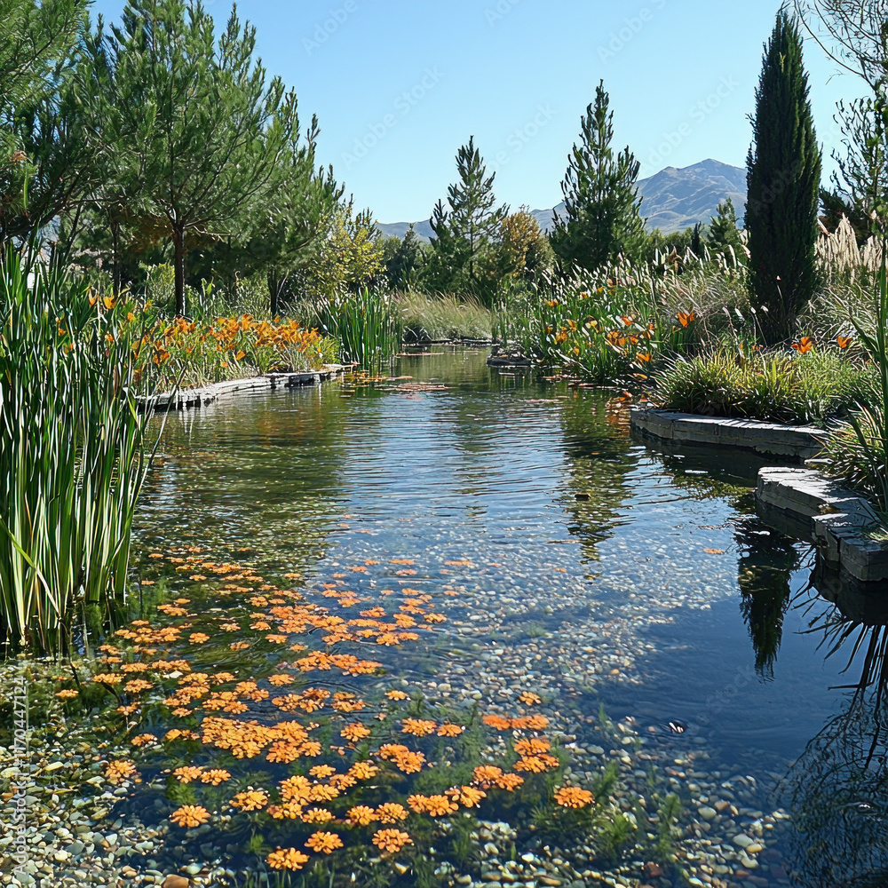 Fototapeta premium Serene garden stream with orange flowers.