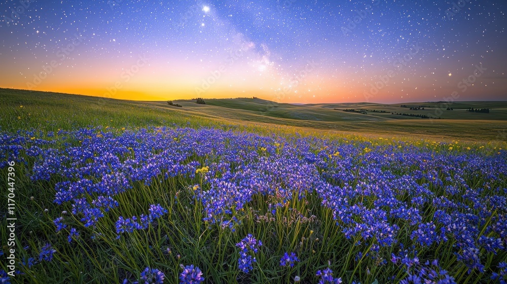 Obraz premium A vibrant field of purple flowers under a starry night sky.