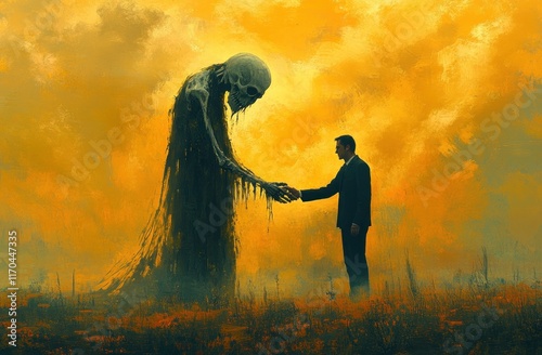 Man Shaking Hands with Grim Reaper in Deathly Contract to Sell Soul