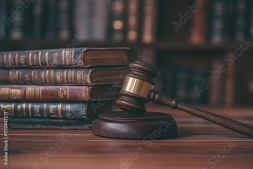 A professional close-up image of a wooden judge's gavel resting on its base, placed on a judge's desk.