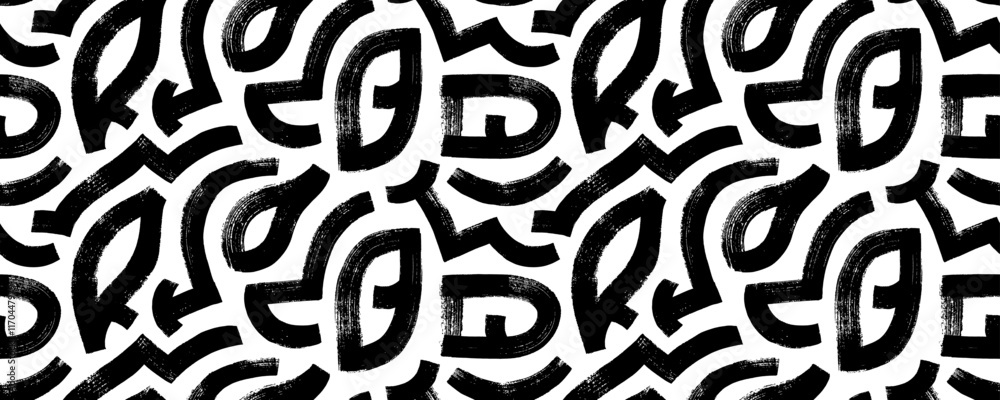 Abstract geometric seamless pattern with bold lines and brush drawn shapes. Hand drawn geometric figures seamless background. Grunge graphic style background with doodle shapes and thick lines.
