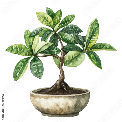 A watercolor vector painting of a Soursop Leaf Bonsai tree, isolated on a white background. Soursop Leaf Bonsai tree vector.

