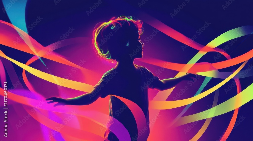 Child radiates joy within a vibrant atmosphere of colorful ribbons during a playful moment Child radiates joy within a vibrant atmosphere of colorful ribbons during a playful moment