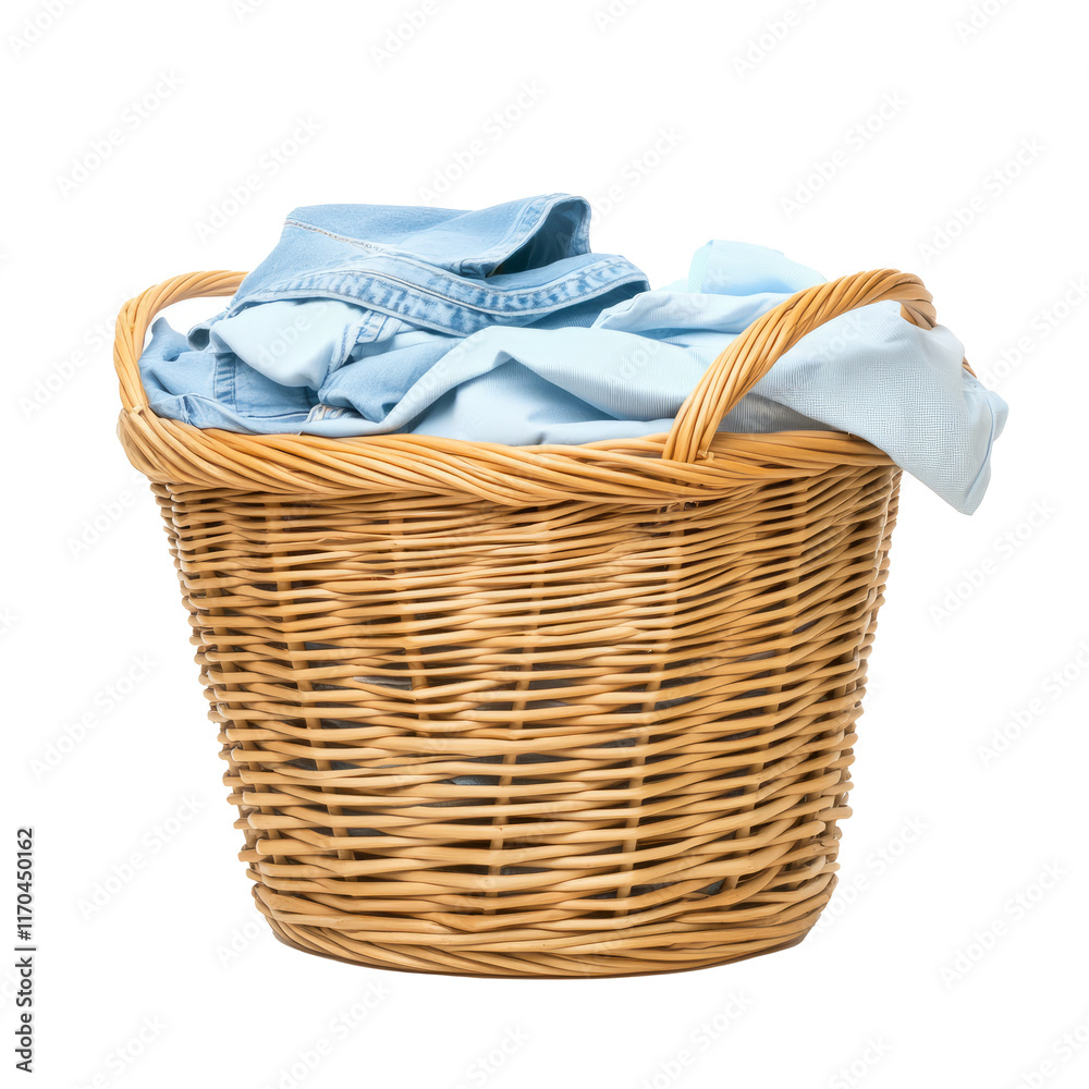 Obraz premium Laundry basket clean clothes cleaning chores housework, clean clothes and Wicker basket with clean laundry isolated on white background